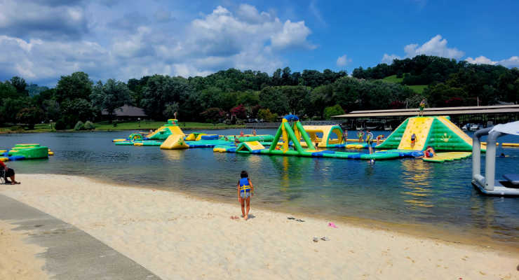 View of the obstacle course at Splash Island aqua park in Georgia