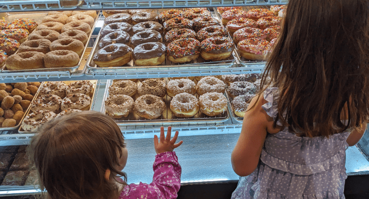 Case of donuts and pastries at OMG Donuts & Bakery in Concord, North Carolina