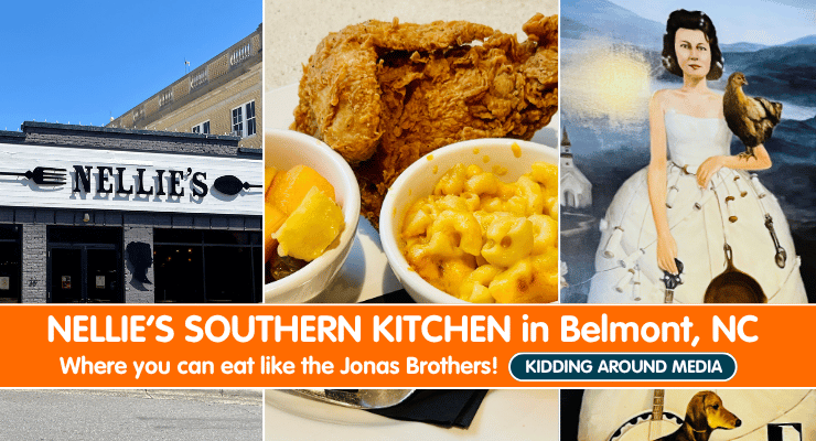 Featured photo showing restaurant exterior, fried chicken with mac and cheese, and a portrait of Nellie Jonas