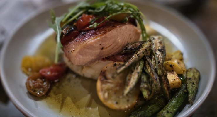Seared salmon fillet with roasted vegetables at Kounter restaurant Rock Hill SC