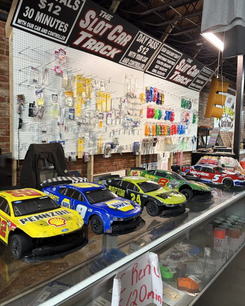 Slot cars ready to race at The Slot Car Track in Kannapolis, NC